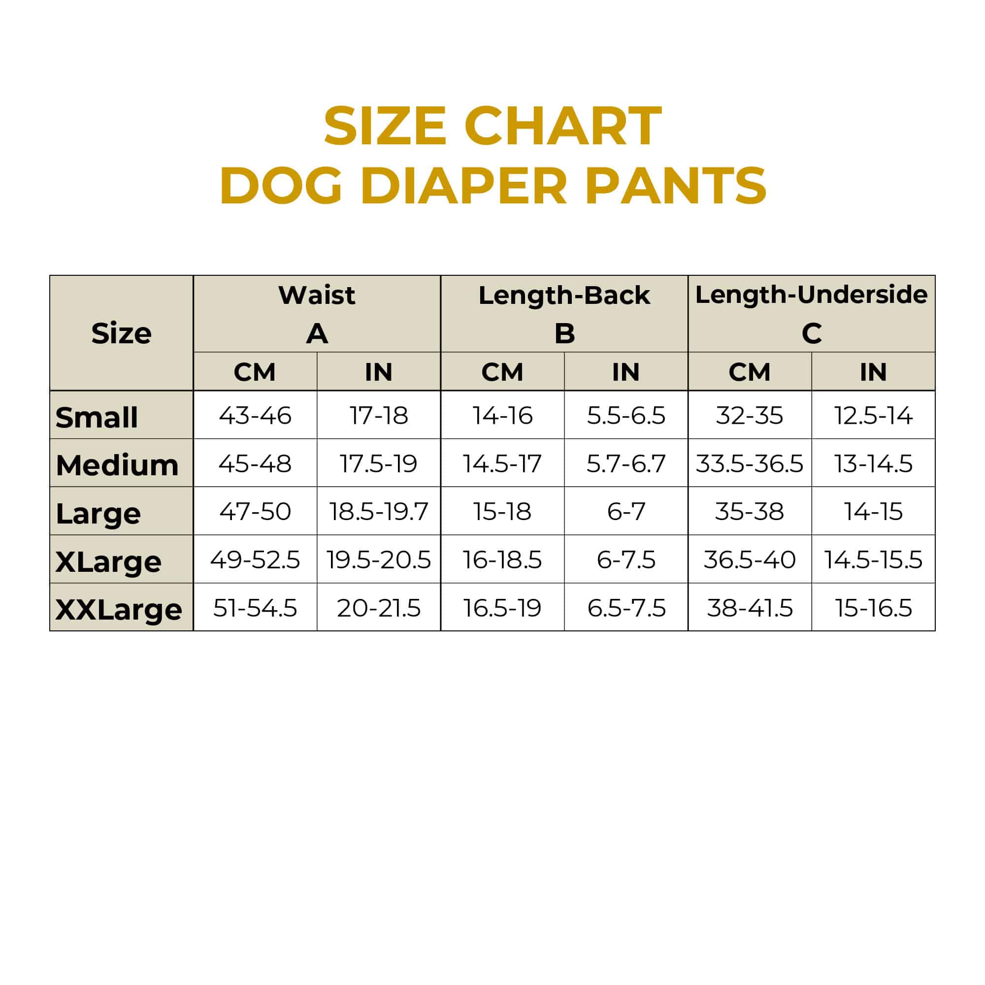 Size chart Dog Diaper
